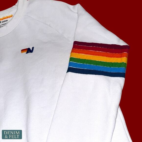 Aviator Nation Rainbow Stitch Sleeve White Crewneck Sweatshirt Small USA Fleece - Picture 11 of 15